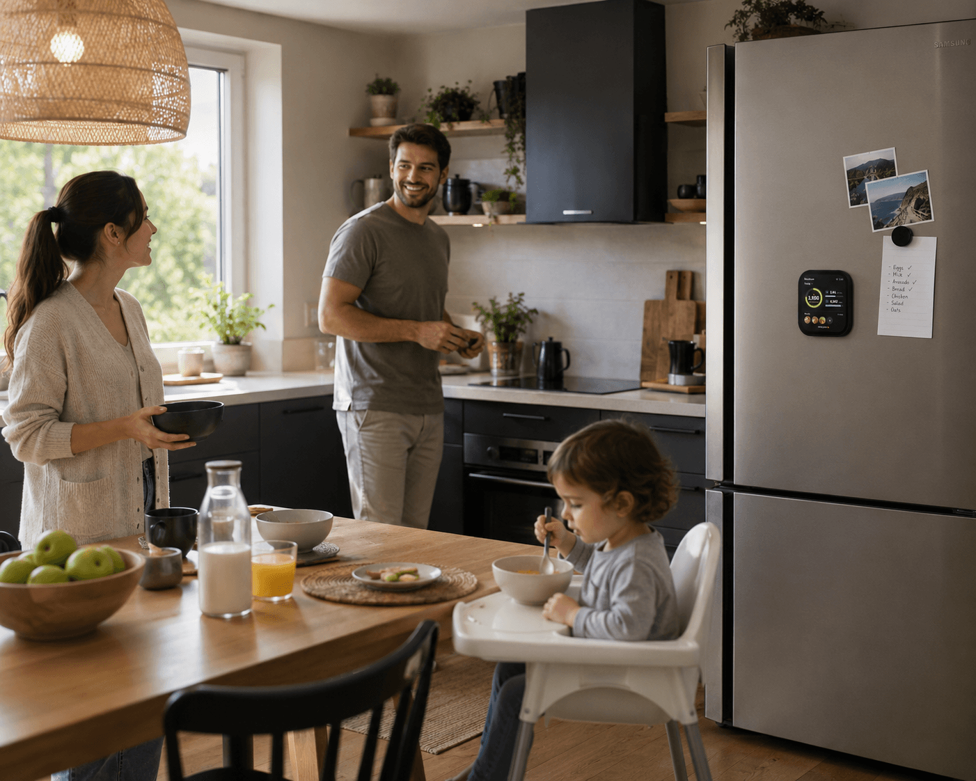 A family in a bright kitchen with the MealScan Mini on the fridge