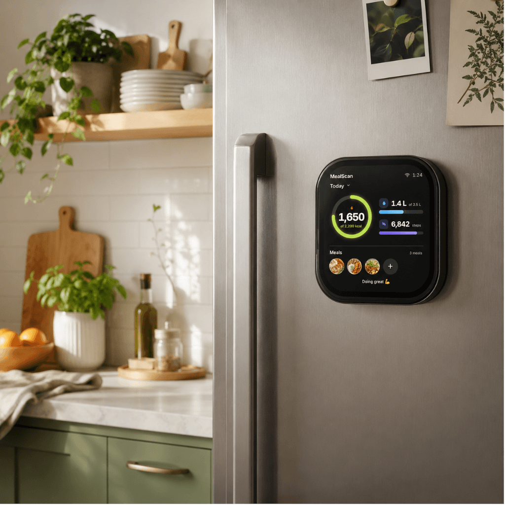 MealScan Mini mounted on the front of a fridge in a bright kitchen