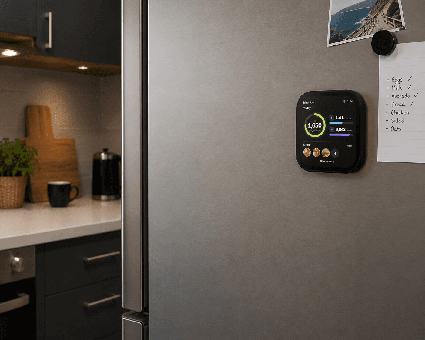 MealScan Mini on the side of a fridge next to a shopping list